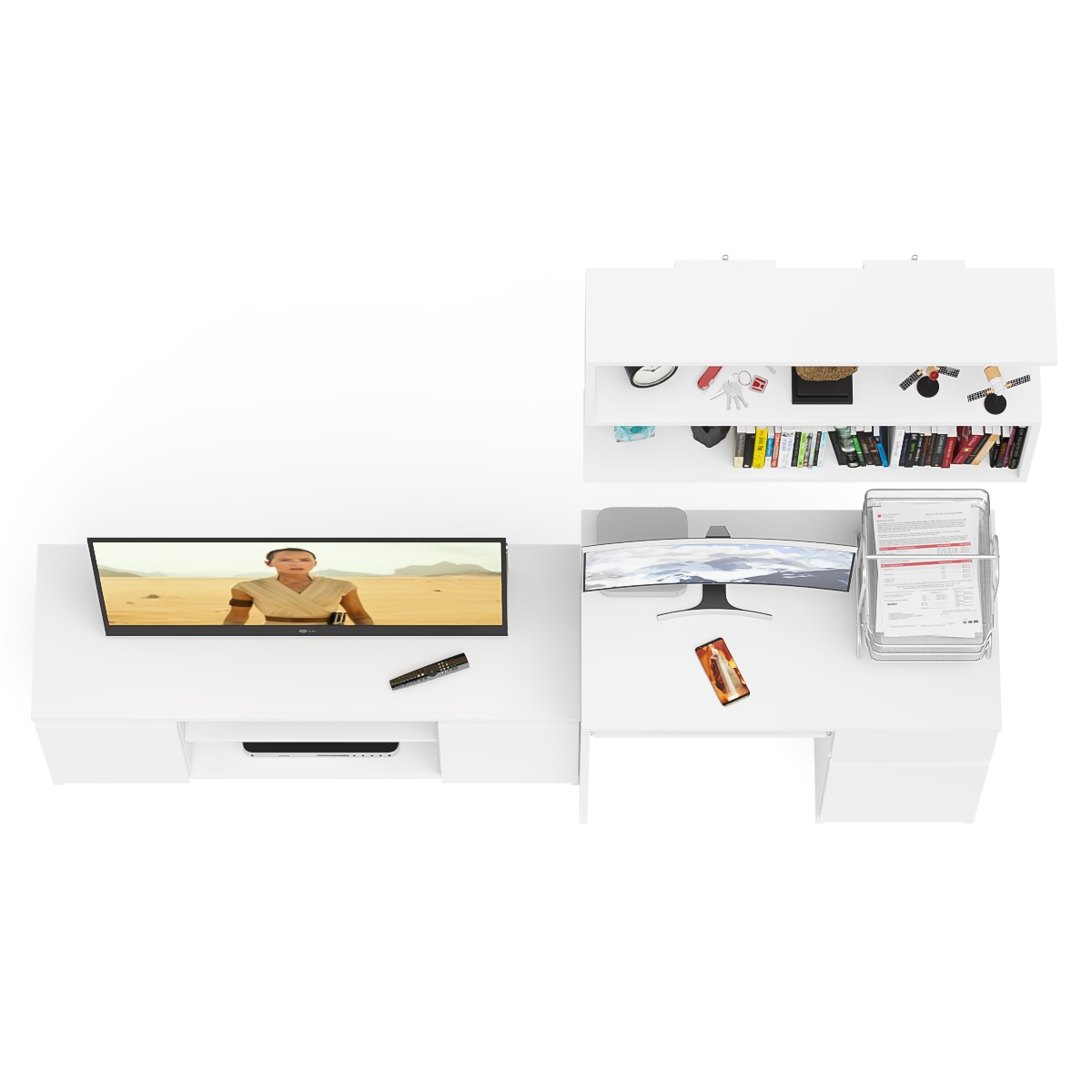 Стол компьютерный Мори МС-1 правый + Тумба МТВ1200.1 + Полка 900, цвет белый, ШхГхВ 210,4х50х209,6 см., НЕ универсальная сборка